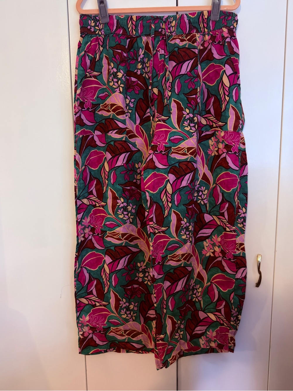 Cynthia Rowley 100% Linen Patterned Wide-Leg Pants in Teal & Magenta